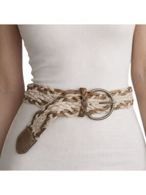 Braided Cream Rope & Faux Gold Leather Belt Size 9
